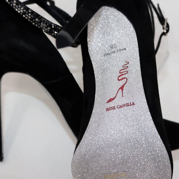 René Caovilla NEW 38 Black Suede Fabulosity Swarovski Crystal Ankle Wrap Heels - Picture 15 of 16